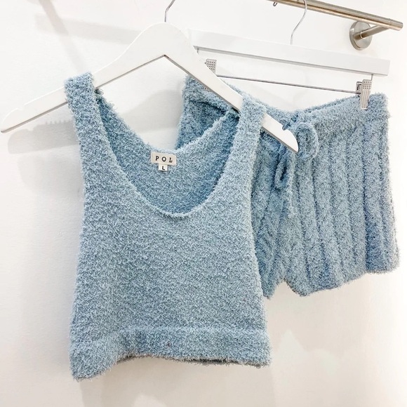 Nwt POL Cozy Shorts And Crop Set Dusty Blue Size Large - Picture 1 of 3